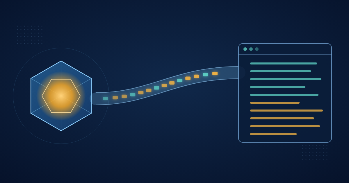 Illustration: a glowing hexagonal core on the left sends a line of small token tiles through a curved pipe into a browser window on the right, where lines of text fill in.